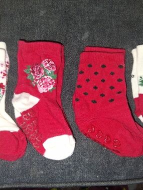 3-6 Months Four Pack Red Floral Non-Slip Socks